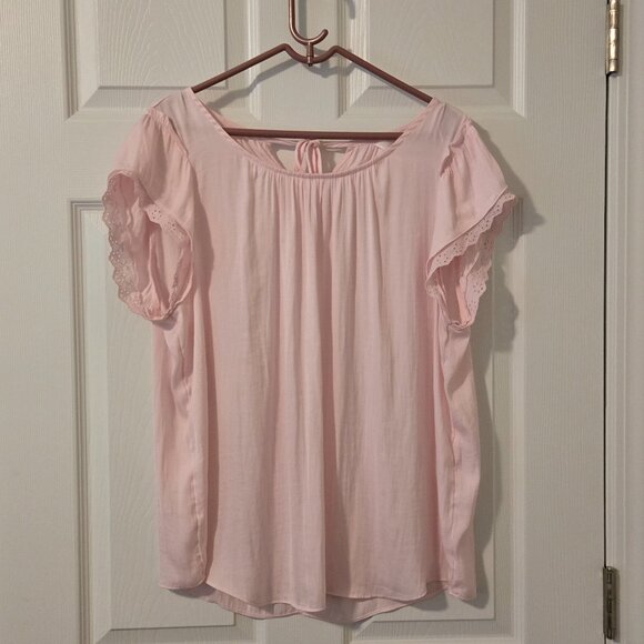 LC Lauren Conrad Pink Blouse w/ Ruffled Cap Sleeve & Lace Detail Trim Size L - Picture 1 of 6